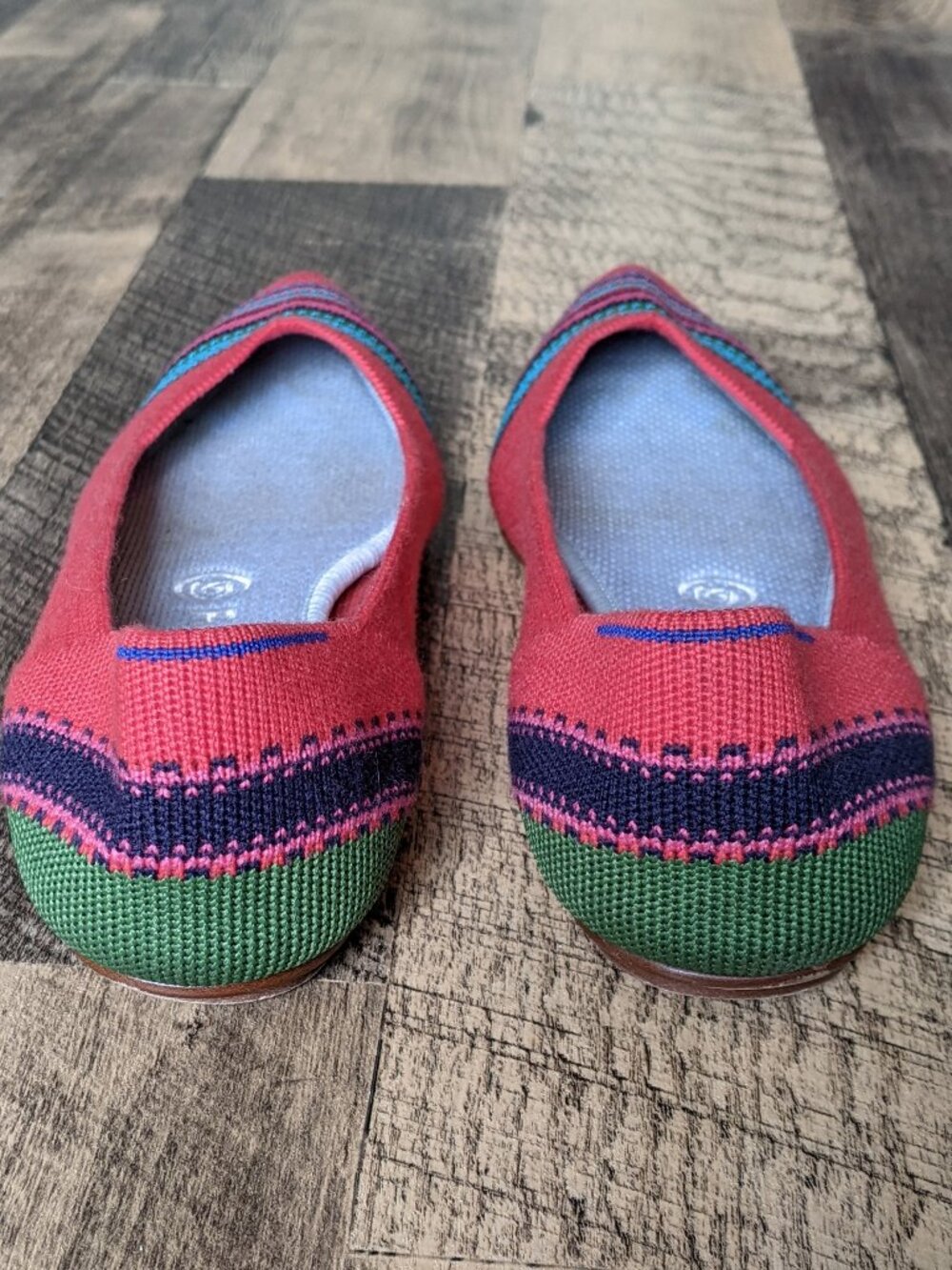 Rothy's Coral Pink Knit Pointed Toe Flats with Turquoise & Green Stripes - Picture 4 of 8